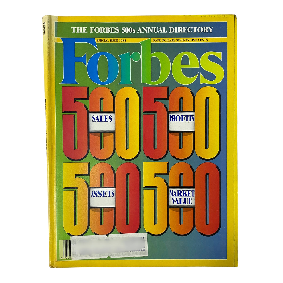 Cover of the 1988 Forbes Magazine featuring 'The Forbes 500s Annual Directory' highlighting sales, profits, assets, and market value.