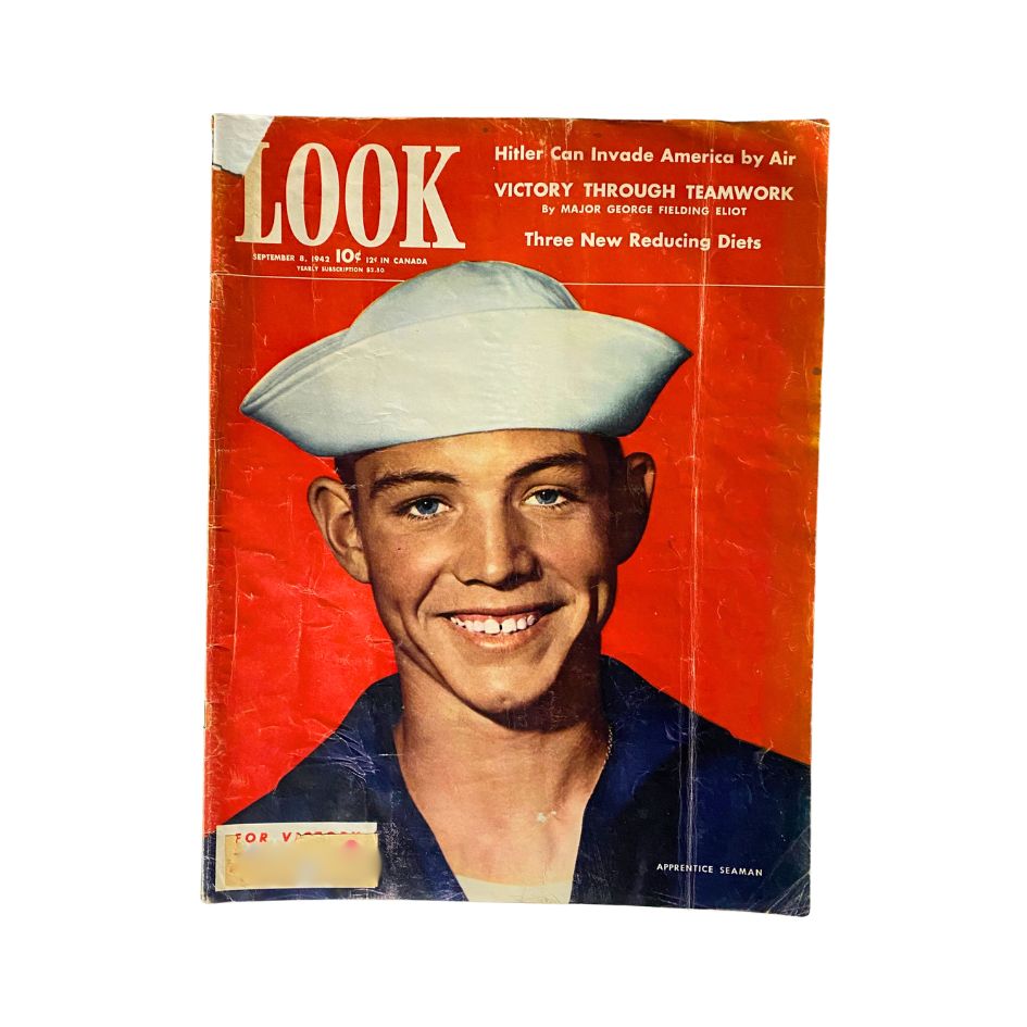 Cover of VTG Look Magazine September 8, 1942 Vol 6 No. 18 featuring an Apprentice Seaman, with the headline 'Hitler Can Invade America by Air.'