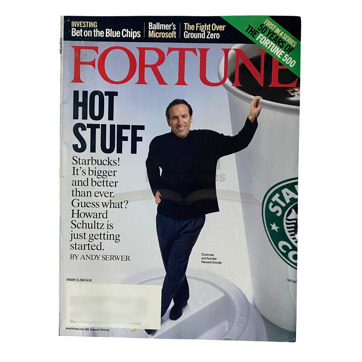 Cover of Fortune Magazine January 26, 2004 featuring Howard Schultz, Chairman and Founder of Starbucks, with the headline 'Hot Stuff' discussing Starbucks' growth and strategies.