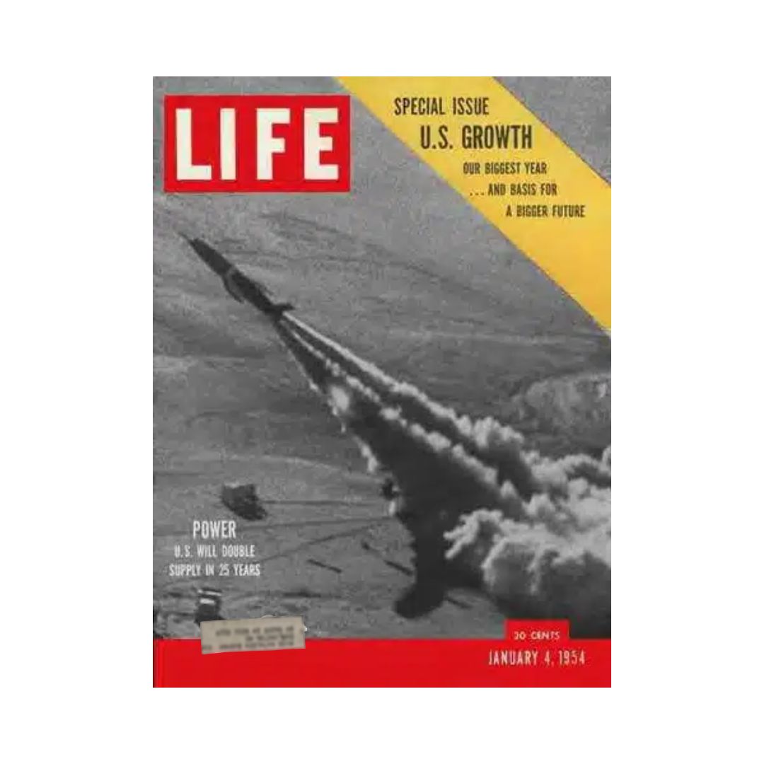 Cover of VTG Life Magazine January 4, 1954 U.S. Growth Special Issue showcasing a missile launch with the headline 'Special Issue U.S. Growth' and related text highlighting America's growth and future prospects.