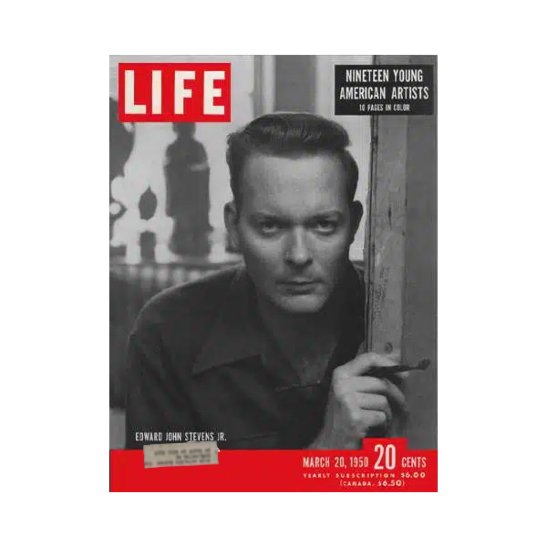 Cover of VTG Life Magazine March 20, 1950 featuring artist Edward John Stevens Jr., highlighting 'Nineteen Young American Artists' with bold red title and black and white photograph of Stevens.