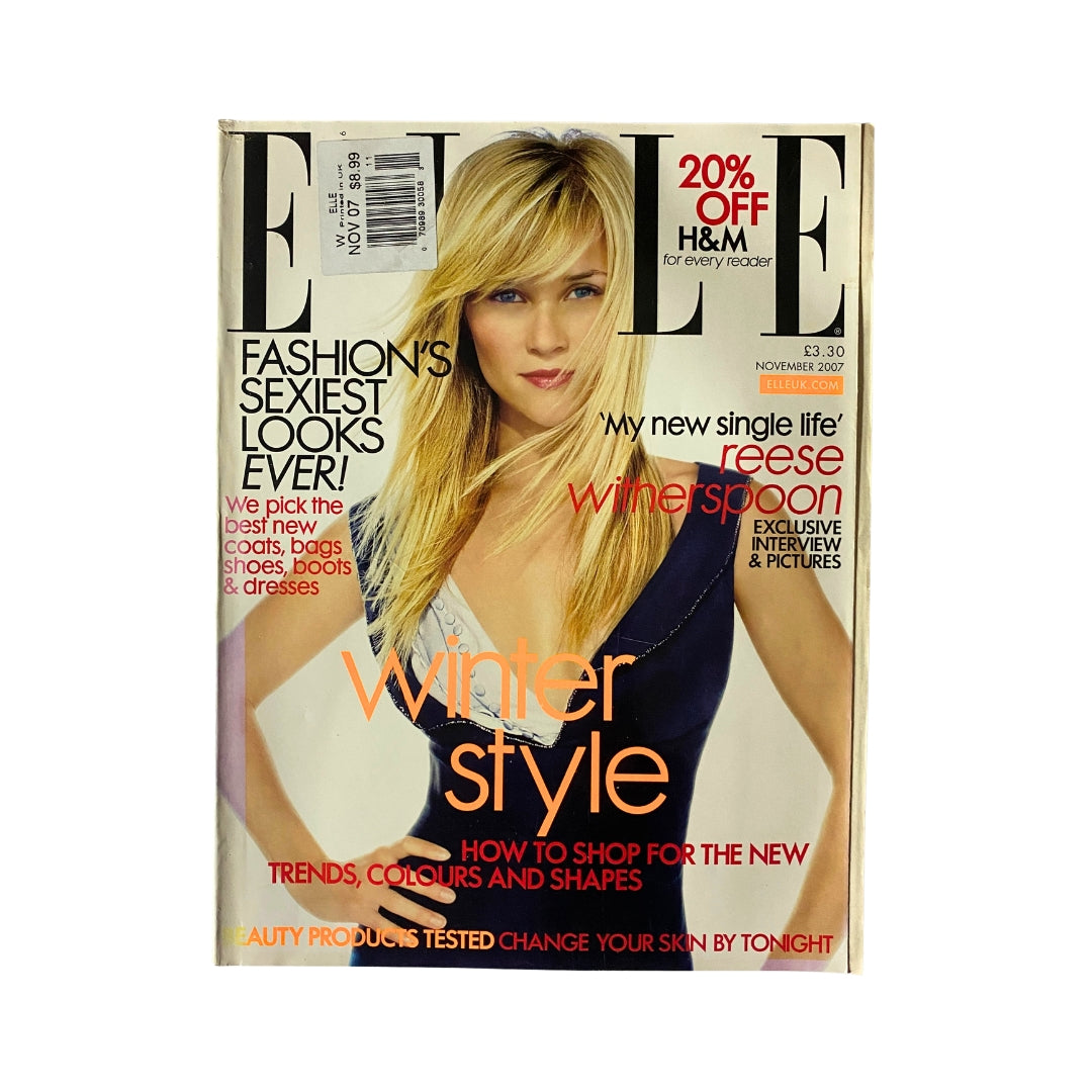 Elle UK Magazine November 2007 cover featuring Reese Witherspoon, highlighting fashion's sexiest looks, winter style, and promotional offers.