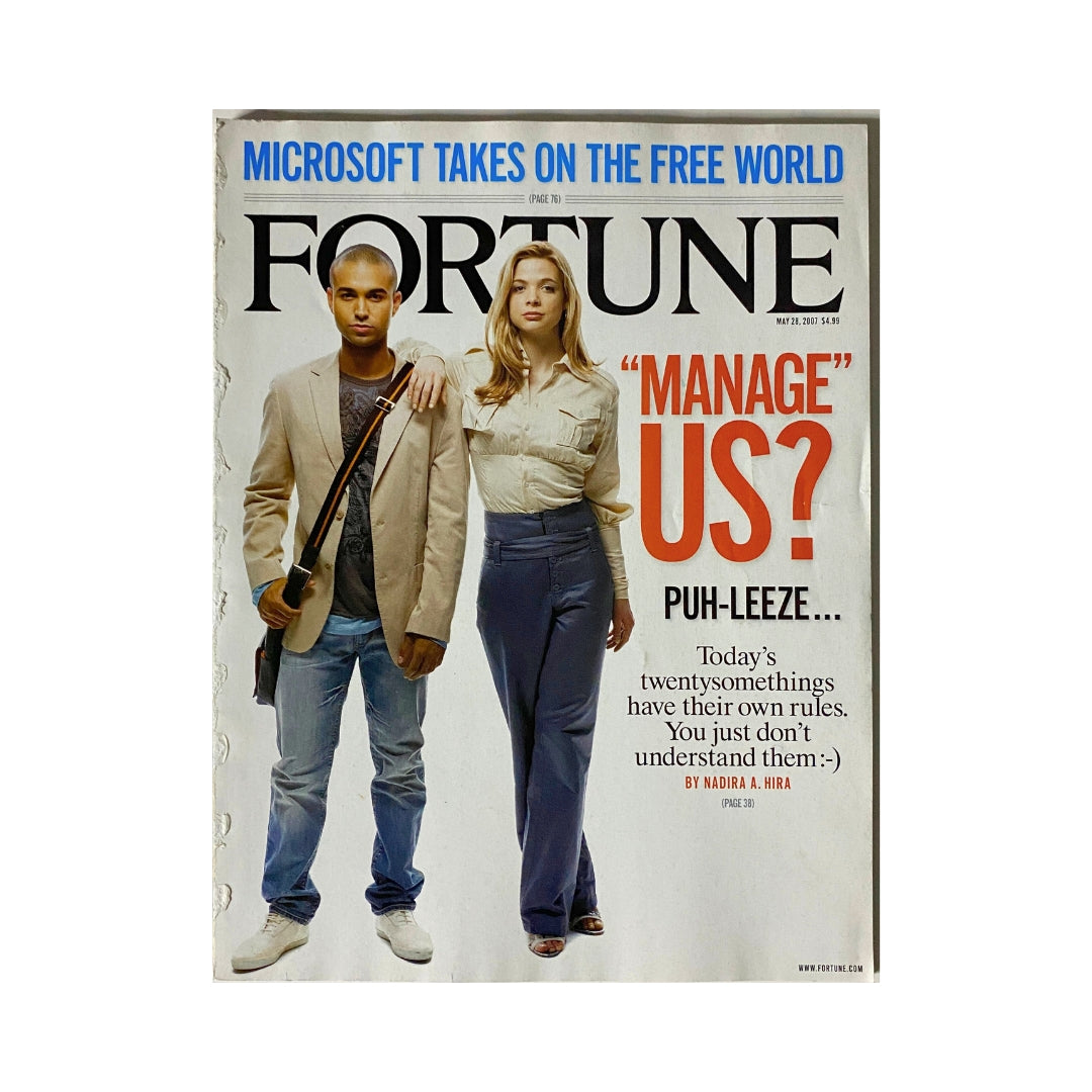 Cover of Fortune Magazine May 28, 2007 featuring the title 'Microsoft Takes on The Free World' with a bold headline questioning a generational divide in workplace management.