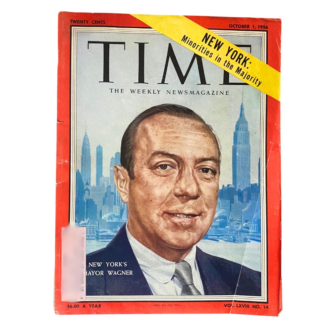 Vintage Time Magazine cover from October 1, 1956, showcasing Robert F. Wagner Jr. with the headline 'New York: Minorities in the Majority'. Volume 68, Number 14.