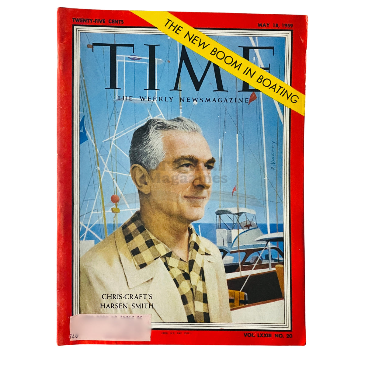Cover of Time Magazine, May 18, 1959, Volume 73, Number 20 featuring Chris-Craft's Harsen Smith, showcasing a man in a light suit against a backdrop of yachts.