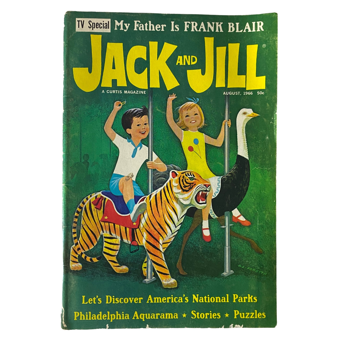 Cover of the 'Jack and Jill Story Magazine' from August 1966 featuring children playing on a tiger and a goose, highlighting the theme 'Let's Discover America's National Parks'.