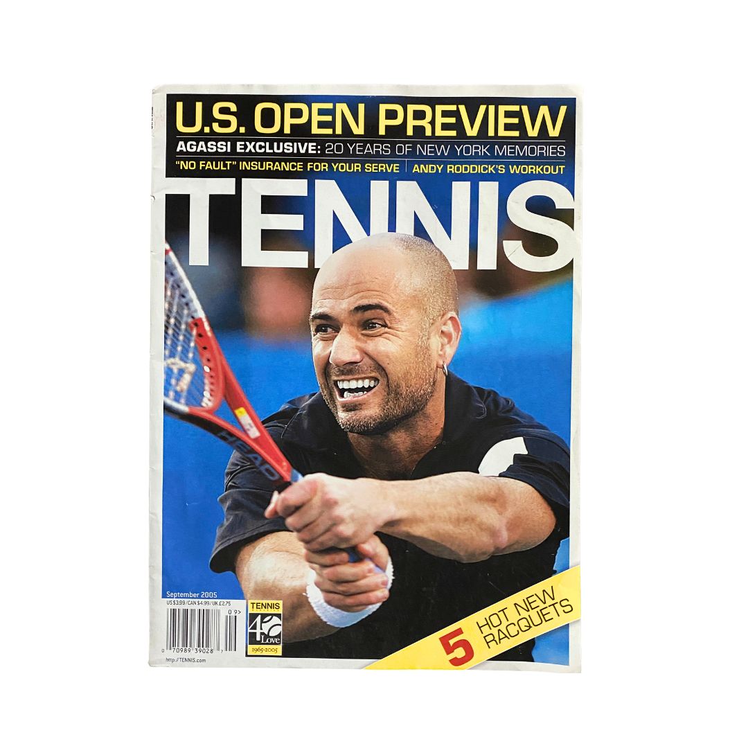 Tennis Magazine September 2005 featuring Andre Agassi on the cover, showcasing the U.S. Open Preview with bold colors and a close-up of Agassi holding a tennis racket.