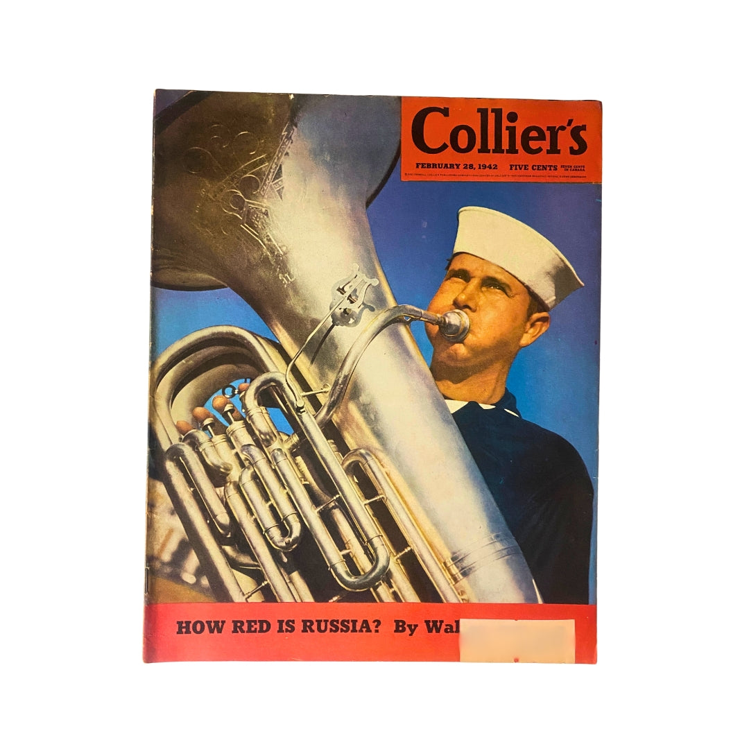 VTG Collier's Magazine from February 28, 1942 featuring a cover illustration by Hans Groenhout, depicting a sailor playing a tuba with the headline 'HOW RED IS RUSSIA?' by Walter Duranty.