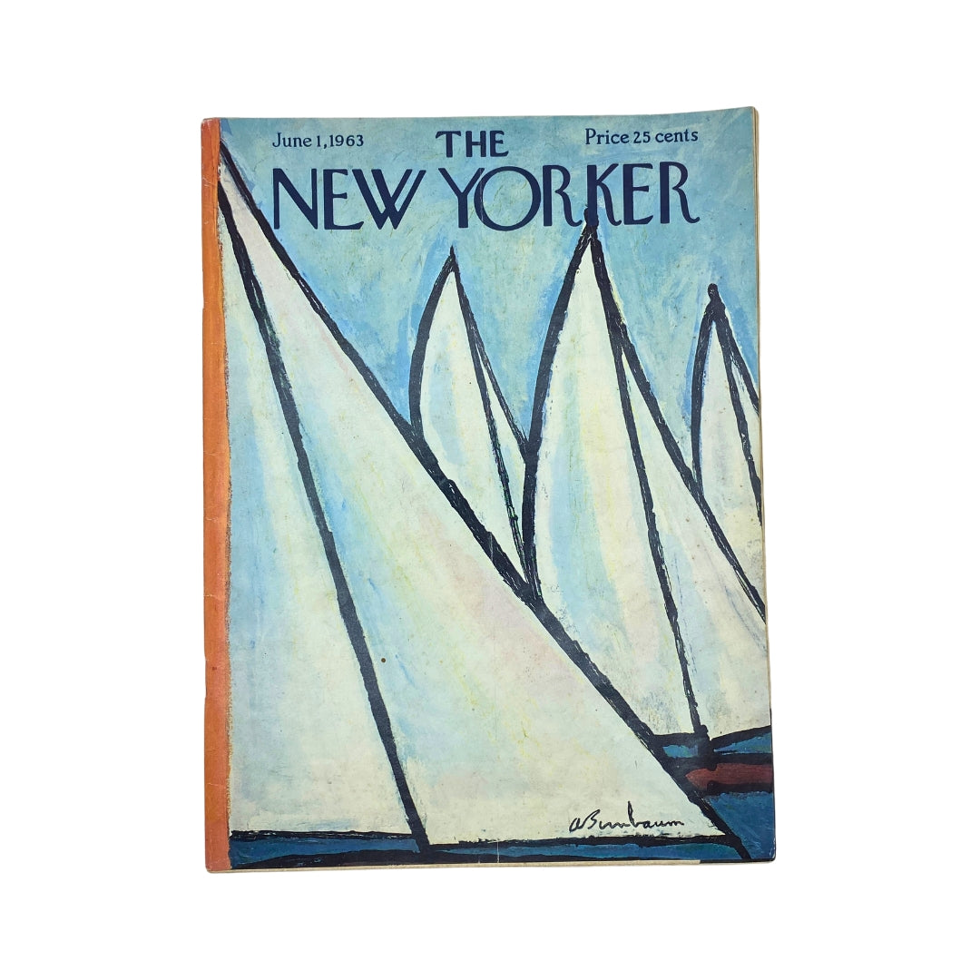 Cover of The New Yorker magazine dated June 1, 1963 featuring artwork by Abe Birnbaum, depicting white sailboats against a blue background.