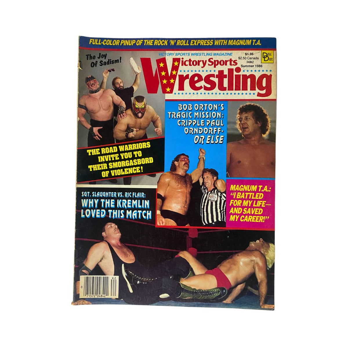 Cover of VTG Victory Sports Wrestling Magazine Summer 1986 featuring iconic wrestlers and headlines related to wrestling events.