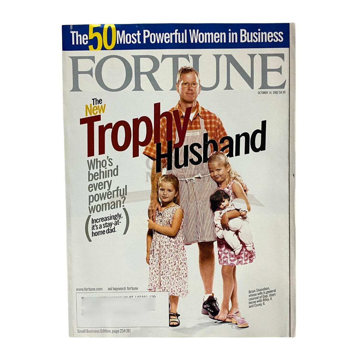 Fortune Magazine cover from October 14, 2002 featuring Brian Shanahan and theme 'The New Trophy Husband', highlighting modern family dynamics.