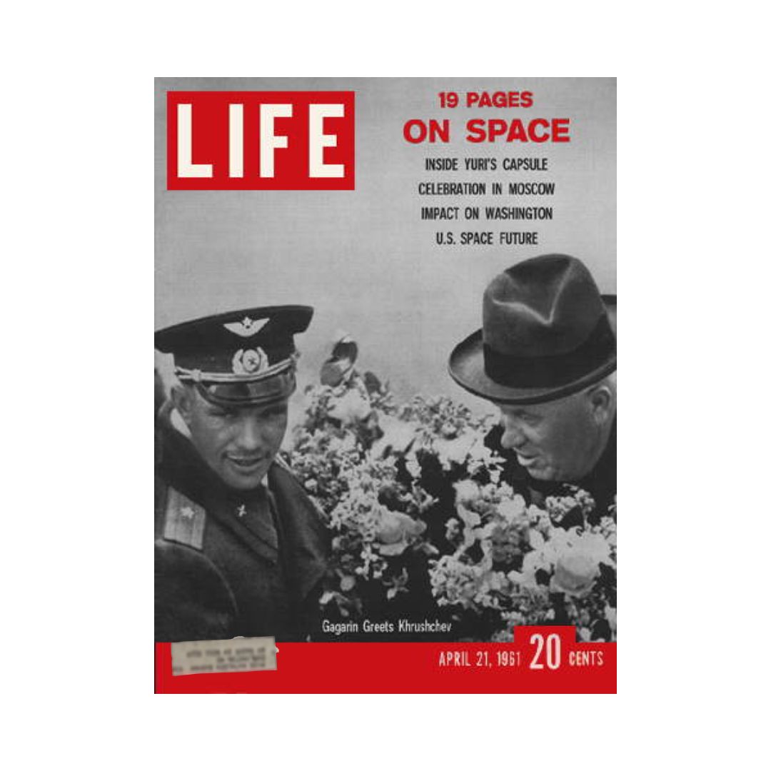 Life Magazine cover from April 21, 1961, featuring Yuri Gagarin greeting Nikita Khrushchev. The cover highlights the theme '19 Pages on Space' with details on Gagarin's historic flight and its impact on the space race, making it a significant collectible for history enthusiasts.