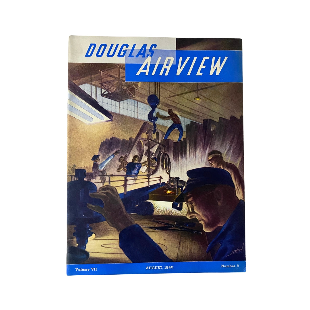 Cover of Douglas Airview Magazine August 1940 featuring an illustration of workers in an aviation industry setting, highlighting the theme 'Cruise of The Hobo'.