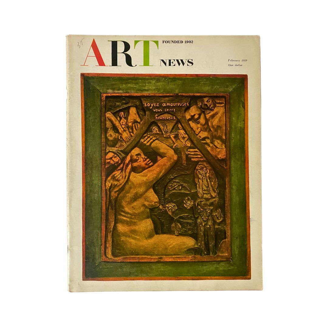 Art News Magazine February 1959 featuring the cover artwork 'Soyez Amoureuses, Vous Serez Heureuses' by Paul Gauguin, highlighting key elements of mid-20th-century art.