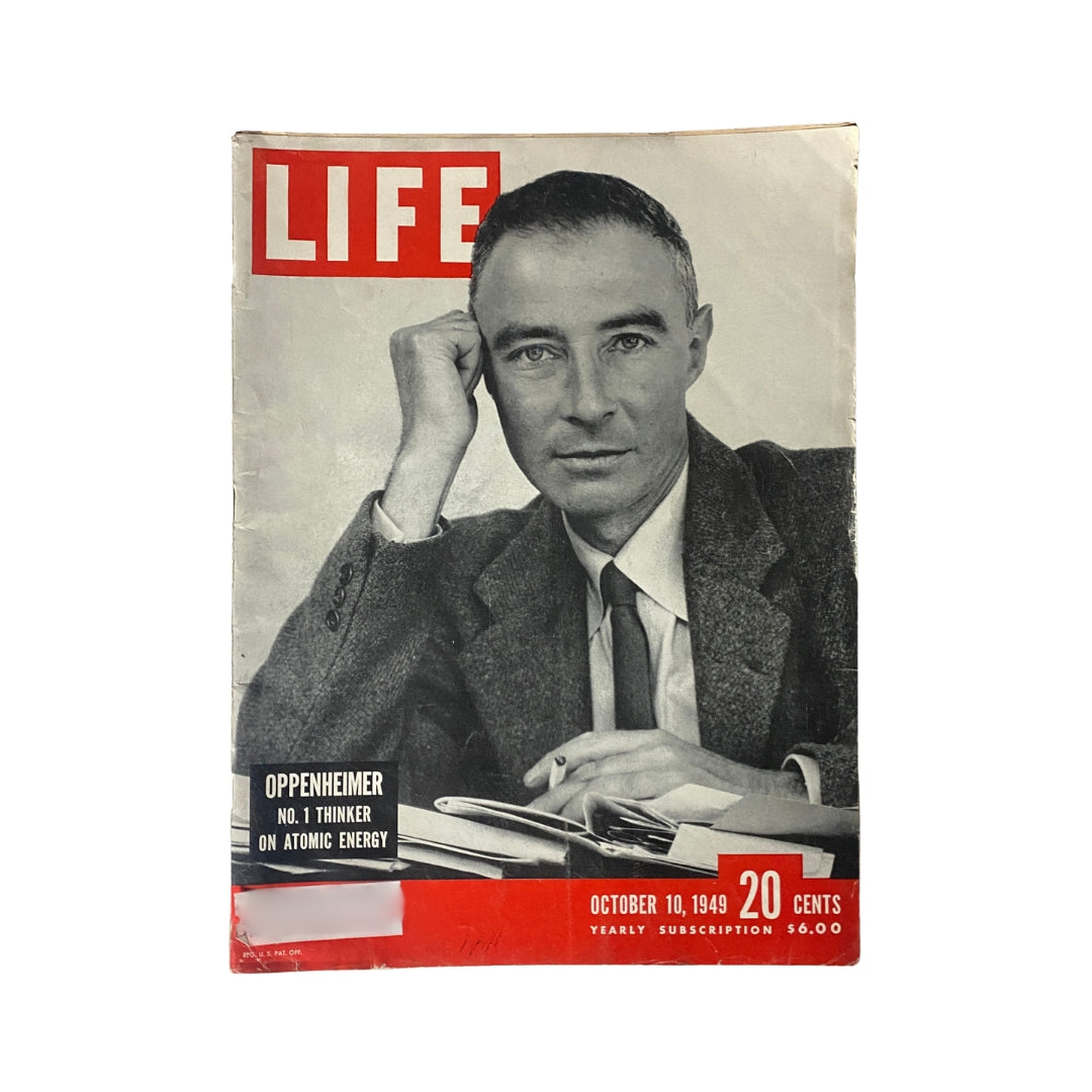 Cover of VTG Life Magazine, October 10, 1949 featuring J.R. Oppenheimer, the atomic nuclear pioneer, with the headline 'Oppenheimer No. 1 Thinker on Atomic Energy'. The cover highlights the date and price of the magazine.