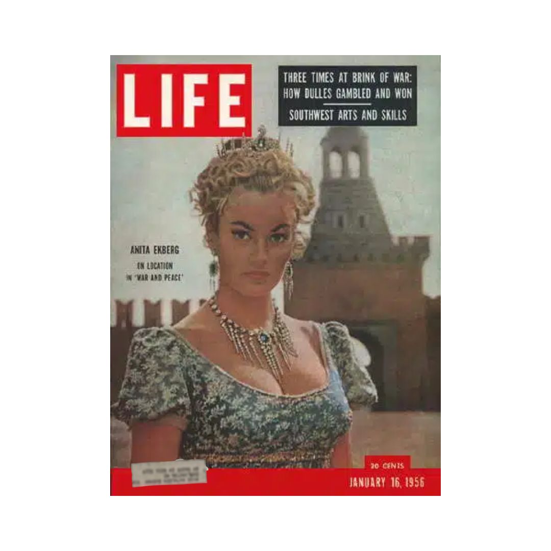 Life Magazine cover from January 16, 1956, featuring Anita Ekberg in her role from "War and Peace." This vintage magazine encapsulates a pivotal era of cinematic history and highlights the cultural events of the 1950s.