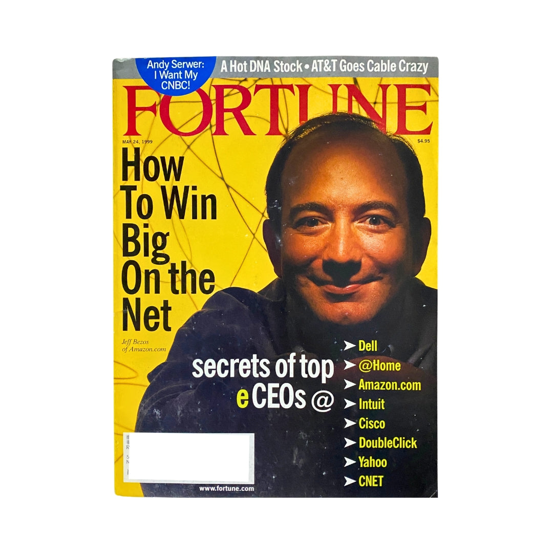Fortune Magazine cover dated May 24, 1999, featuring Jeff Bezos of Amazon.com, with the title 'How To Win Big On the Net' and highlights on secrets of top eCEOs.