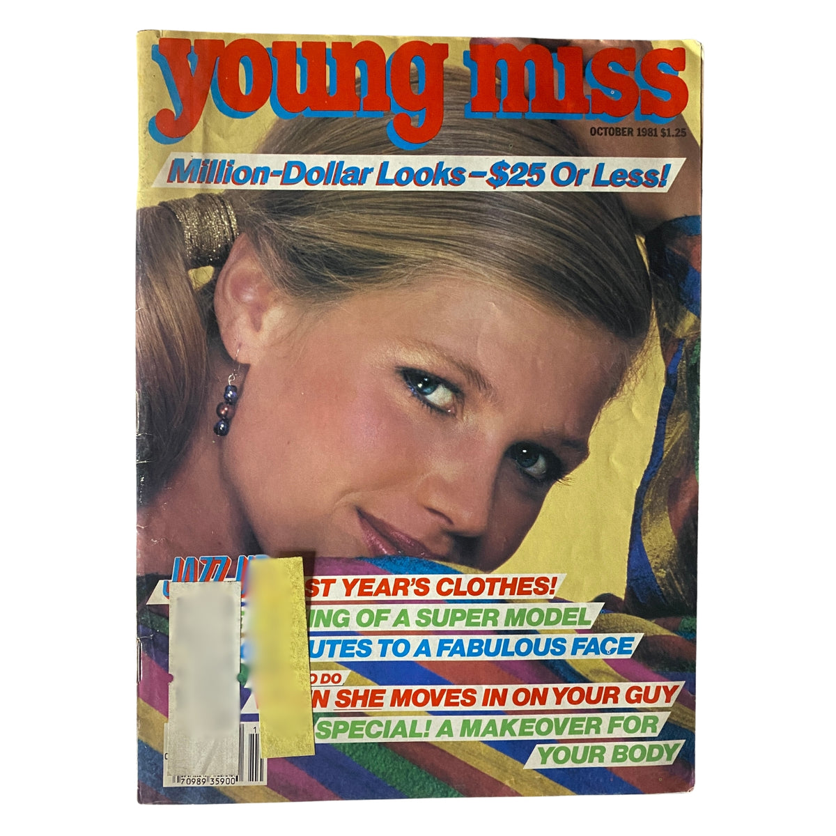 Cover of Young Miss Magazine, October 1981, featuring a young woman with long hair and colorful background, highlighting themes of fashion and beauty.