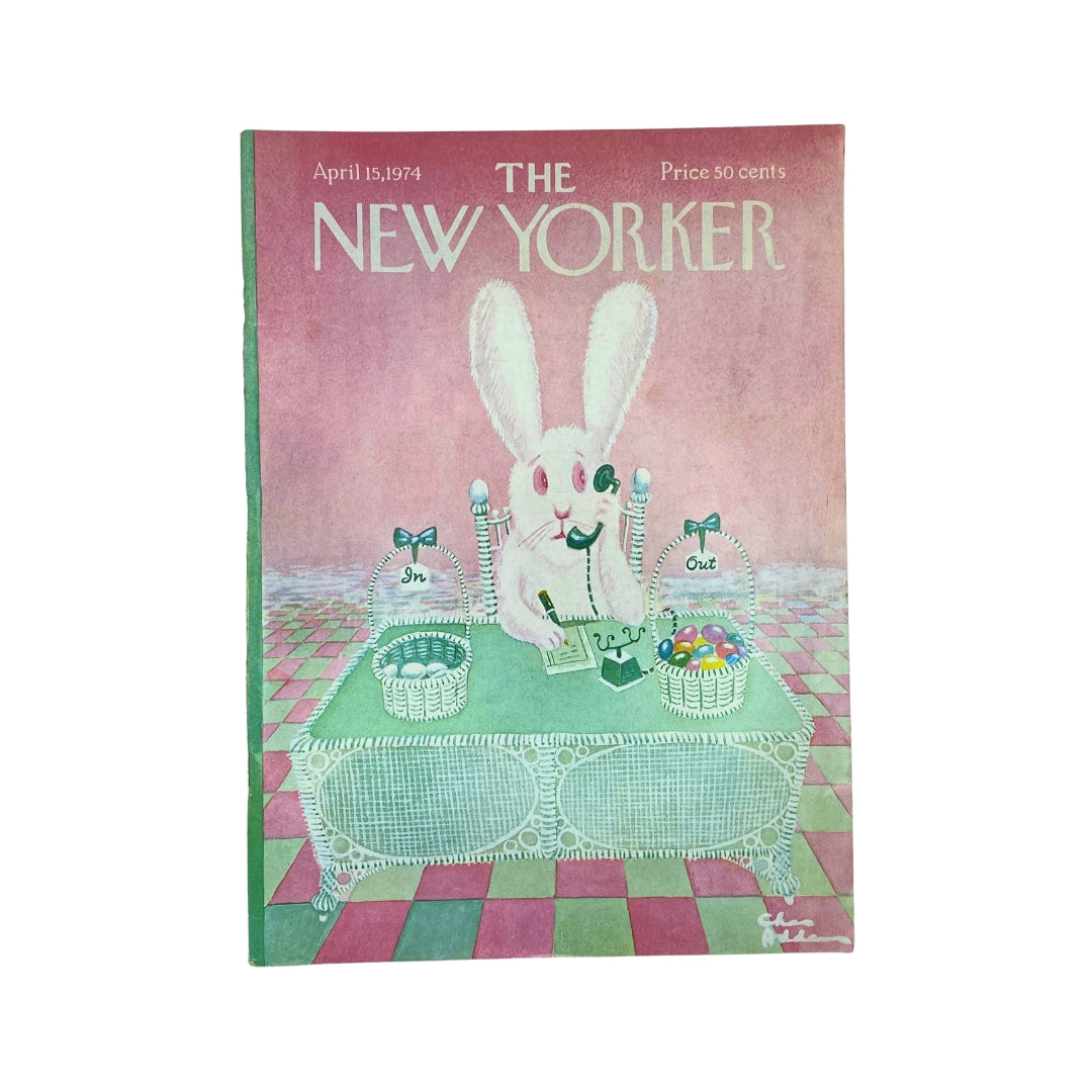 The New Yorker Complete Magazine April 15, 1974 featuring a whimsical cover illustration by Chas Addams depicting a fluffy bunny at a table with colorful Easter eggs.