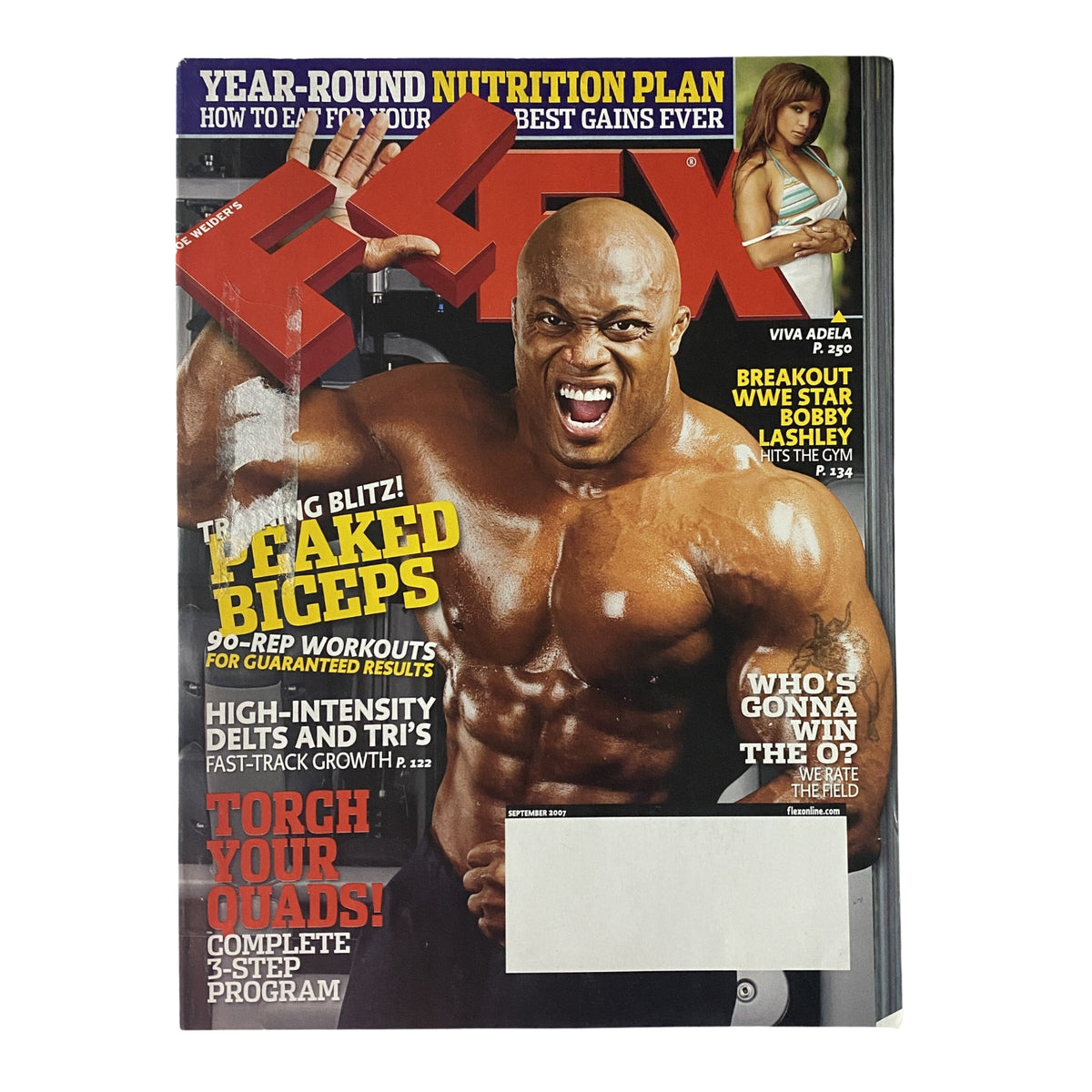 Flex Magazine September 2007 Vol 25, Num 7 featuring Bobby Lashley on the cover, showcasing his impressive physique and strength, ideal for bodybuilding enthusiasts and collectors.