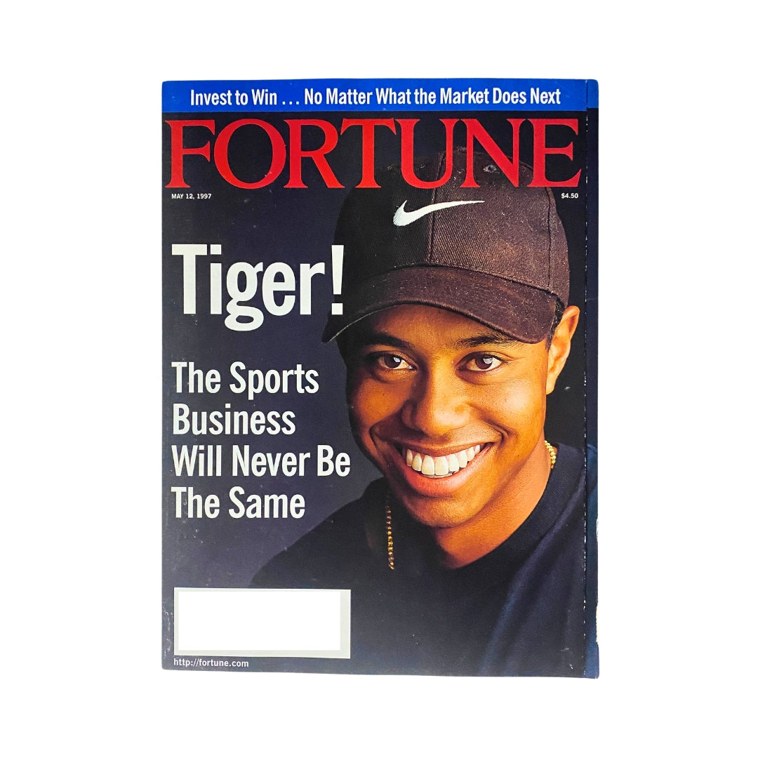 Fortune Magazine cover from May 12, 1997 featuring Tiger Woods. The headline reads 'Tiger! The Sports Business Will Never Be The Same'. This issue explores Tiger Woods' impact on golf and sports business.