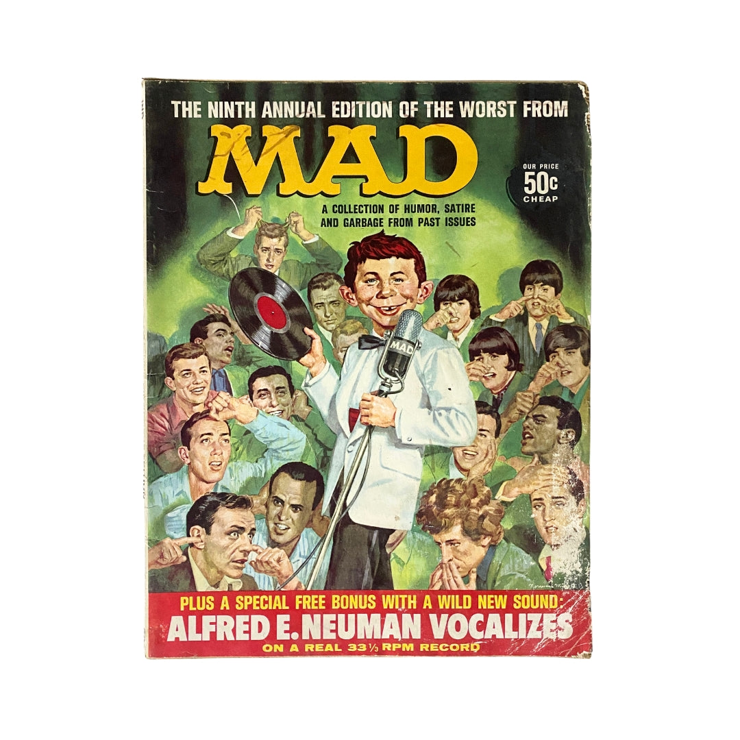 Cover of Mad Magazine 1966 Ninth Annual Edition of the Worst featuring Alfred E. Neuman with a record, showcasing humor, satire, and iconic characters.