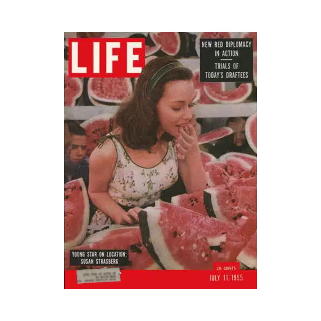 Cover of Life Magazine dated July 11, 1955, featuring the title 'New Red Diplomacy in Action' with a young actress Susan Strasberg surrounded by watermelons, signifying a nostalgic representation of mid-century American culture.