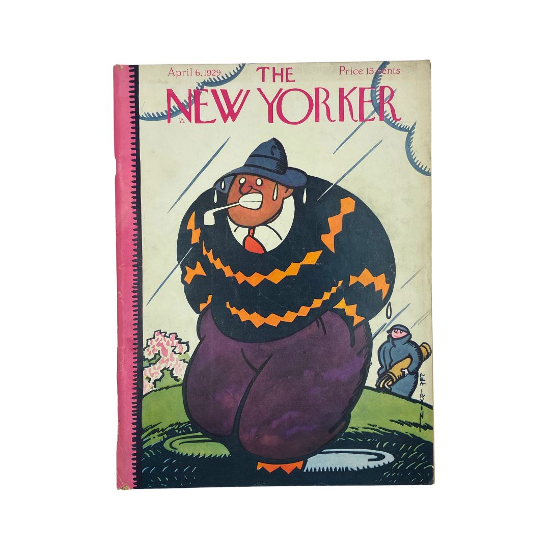 Cover of The New Yorker magazine from April 6, 1929, featuring distinctive artwork by Rea Irvin, showcasing a whimsical character in a patterned sweater.