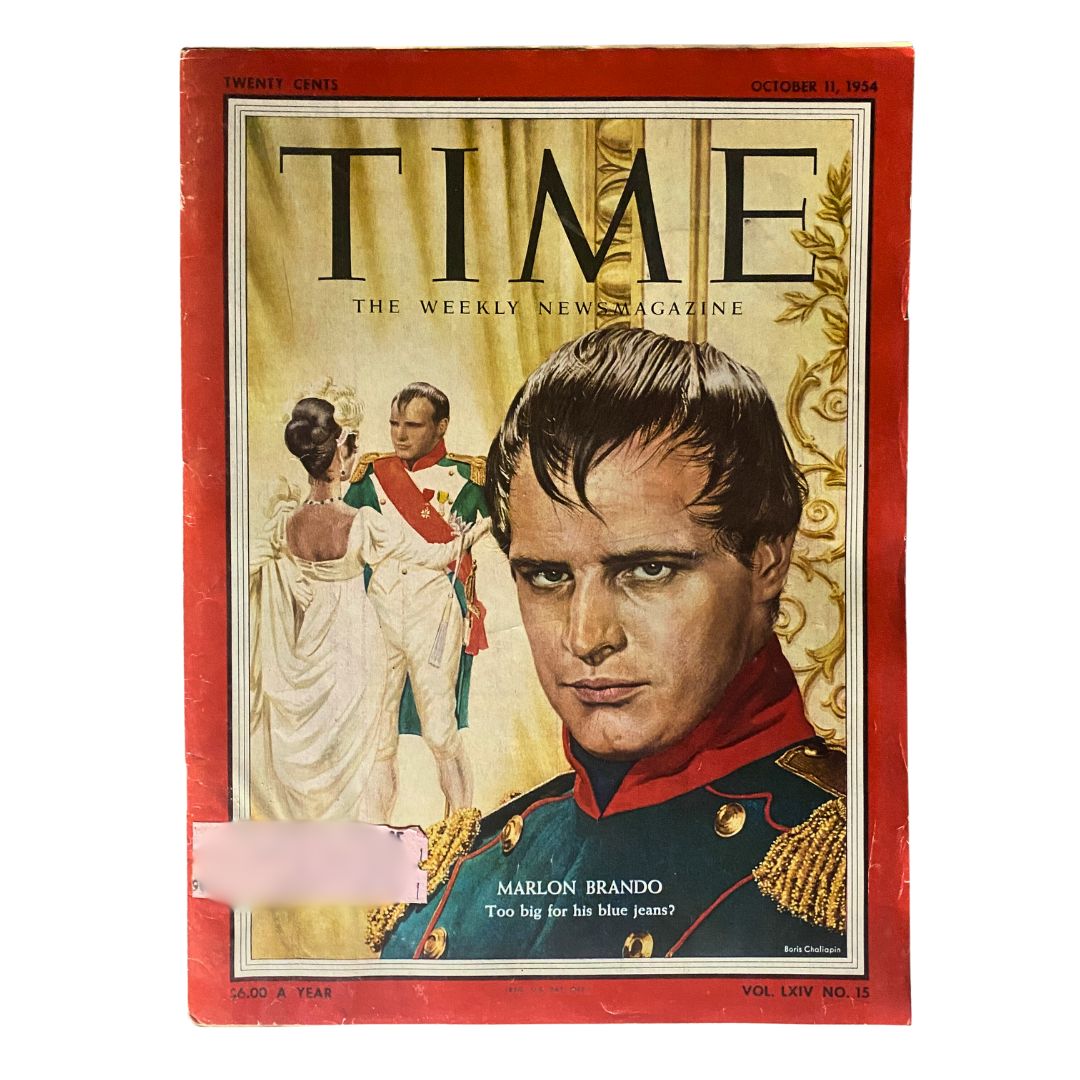 Vintage Time Magazine October 11, 1954 featuring Marlon Brando on the cover, showcasing a striking illustration and promotional tagline.