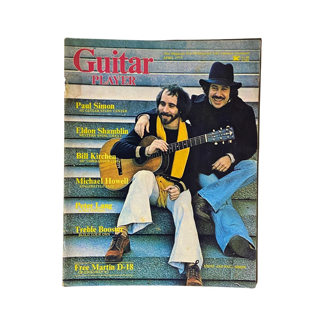 Cover image of Guitar Player Magazine April 1975 featuring Paul Simon and Eddie Simon. This vintage magazine highlights iconic musicians and is a collectible for music enthusiasts.