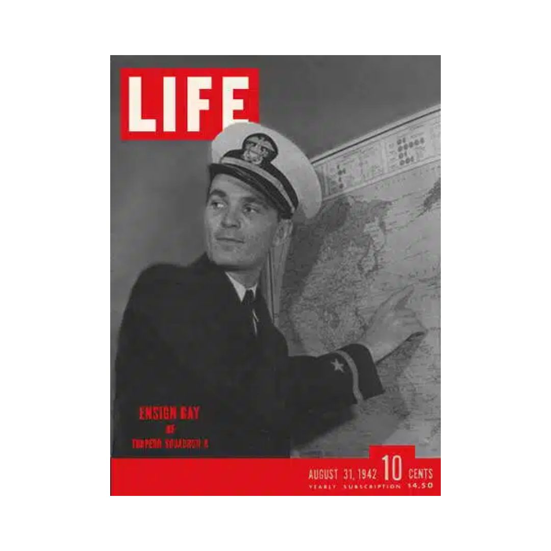 VTG Life Magazine cover dated August 31, 1942 featuring Ensign Gay of Torpedo Squadron 8, showcasing a pivotal moment in World War II.