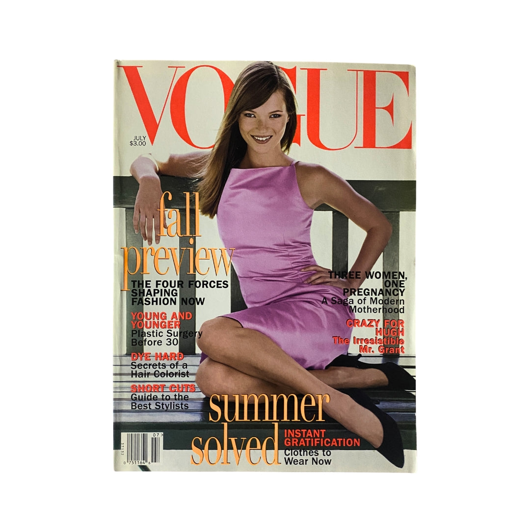 Cover of Vogue Magazine July 1995 featuring a smiling model in a pink dress, highlighting fashion trends of the mid-90s, a collectible piece for fashion enthusiasts.