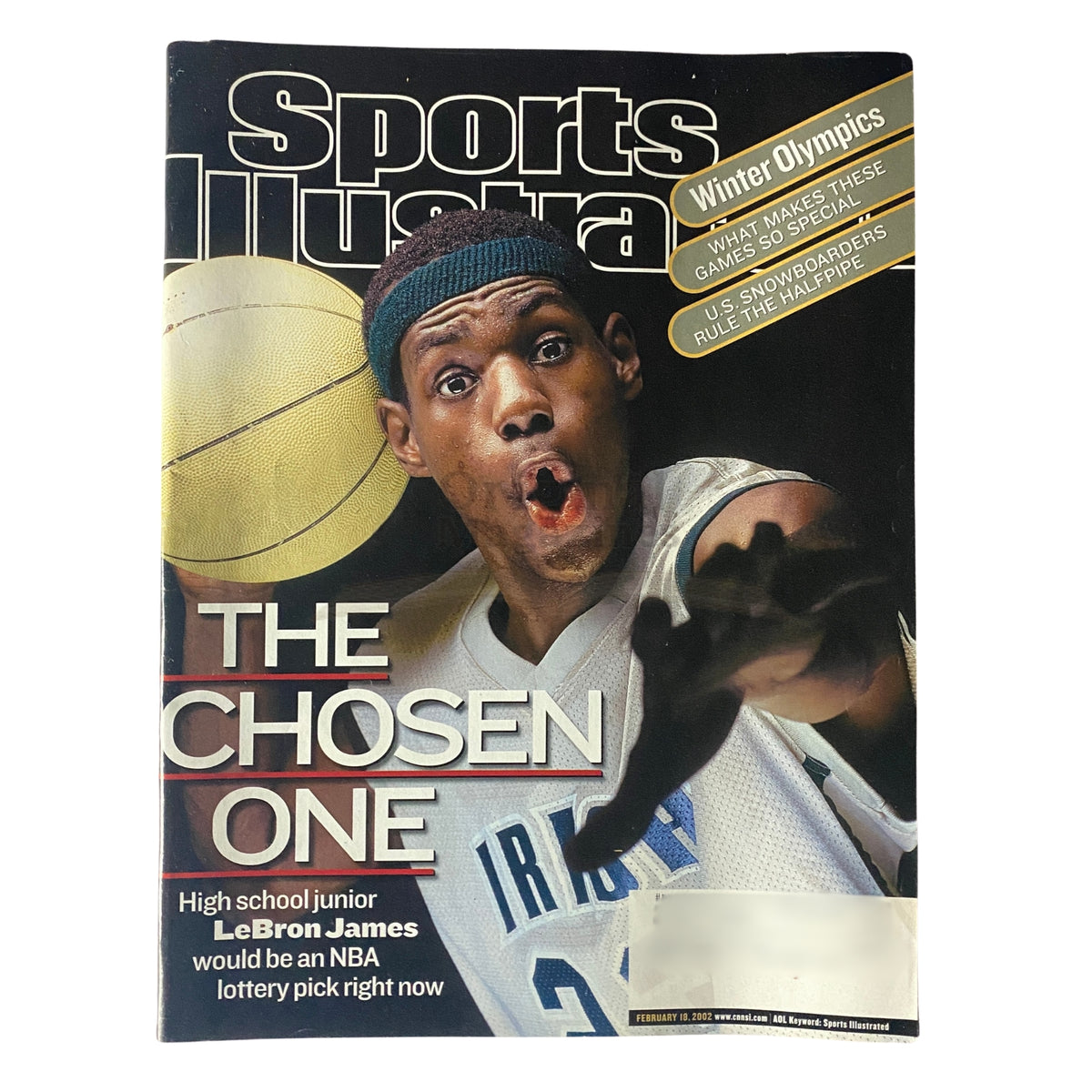 Sports Illustrated February 18, 2002 LeBron James Cover featuring the iconic basketball player with the title 'The Chosen One' and a basketball in action.