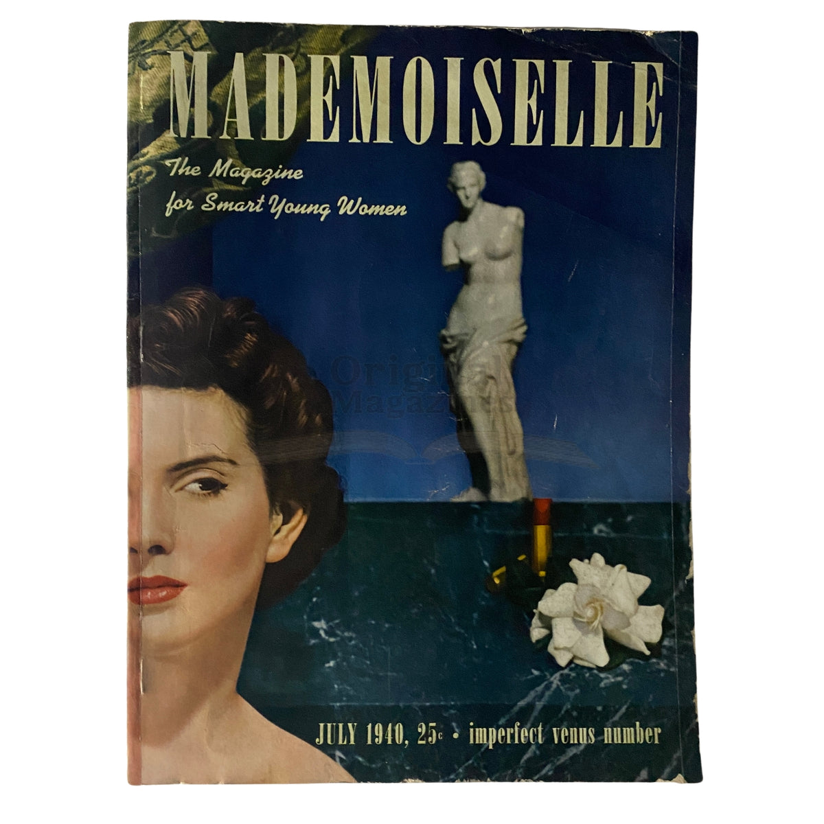 Cover of Mademoiselle Magazine July 1940, known as the Imperfect Venus Number, featuring a vintage illustration of a woman and a statue.