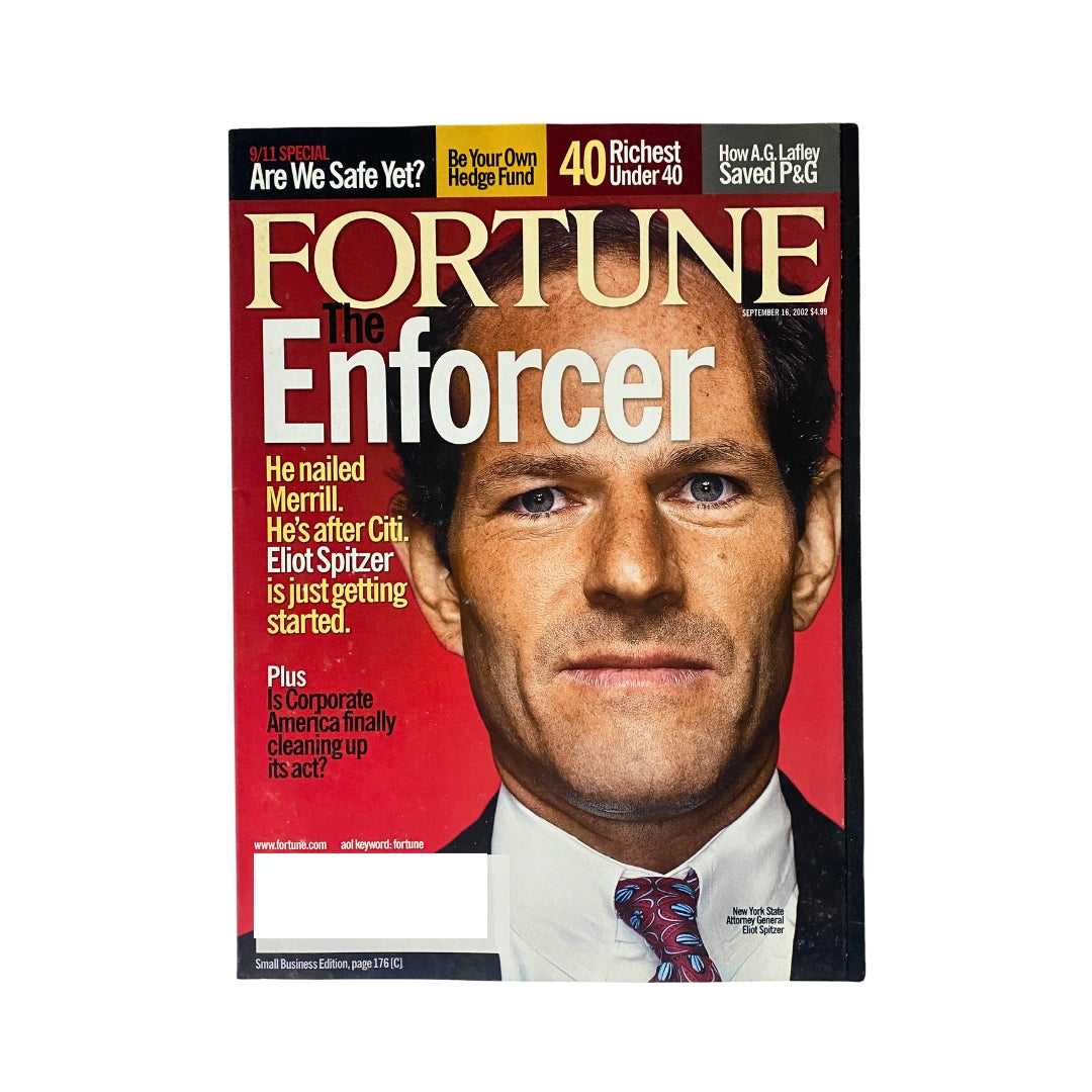 Fortune Magazine cover featuring New York State Attorney General Eliot Spitzer, labeled 'The Enforcer,' exploring corporate America cleanup efforts, September 16, 2002.