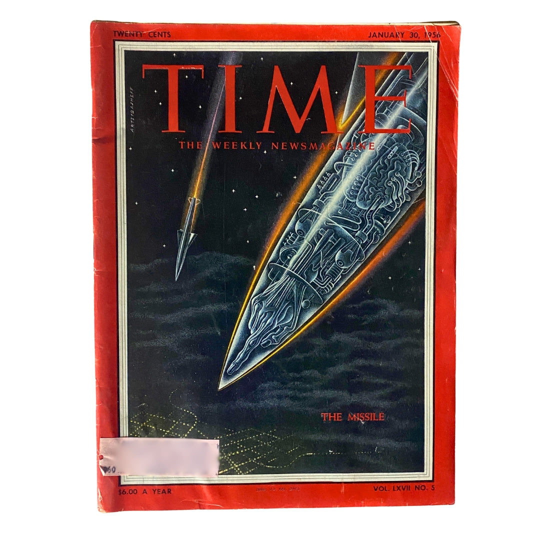Vintage Time Magazine January 30, 1956 Vol 67 No. 5 featuring a striking cover illustration of missiles, depicting a pivotal moment in history during the space race.