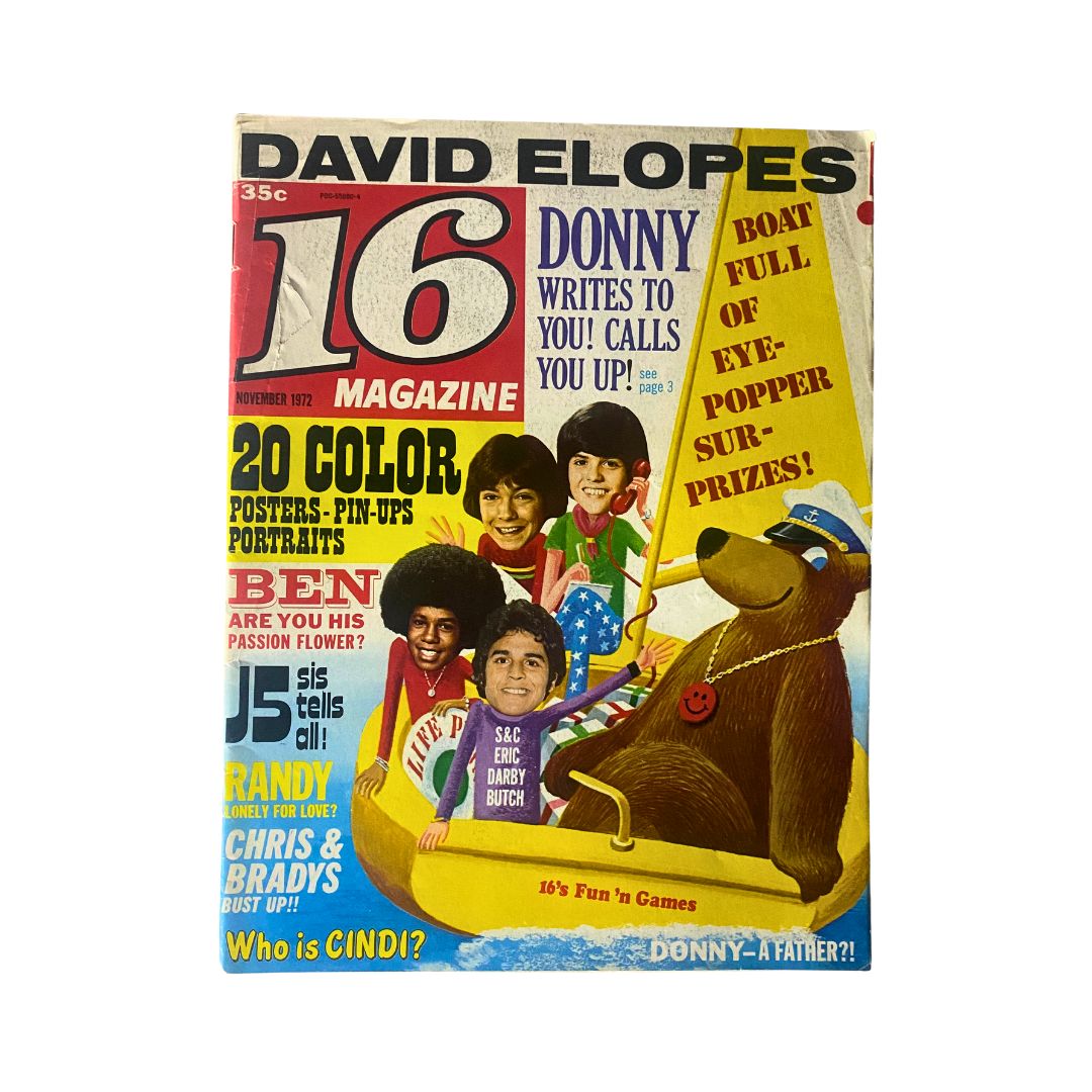 VTG 16 Magazine cover from November 1972 featuring Donny Osmond and Michael Jackson with colorful graphics and listed features.