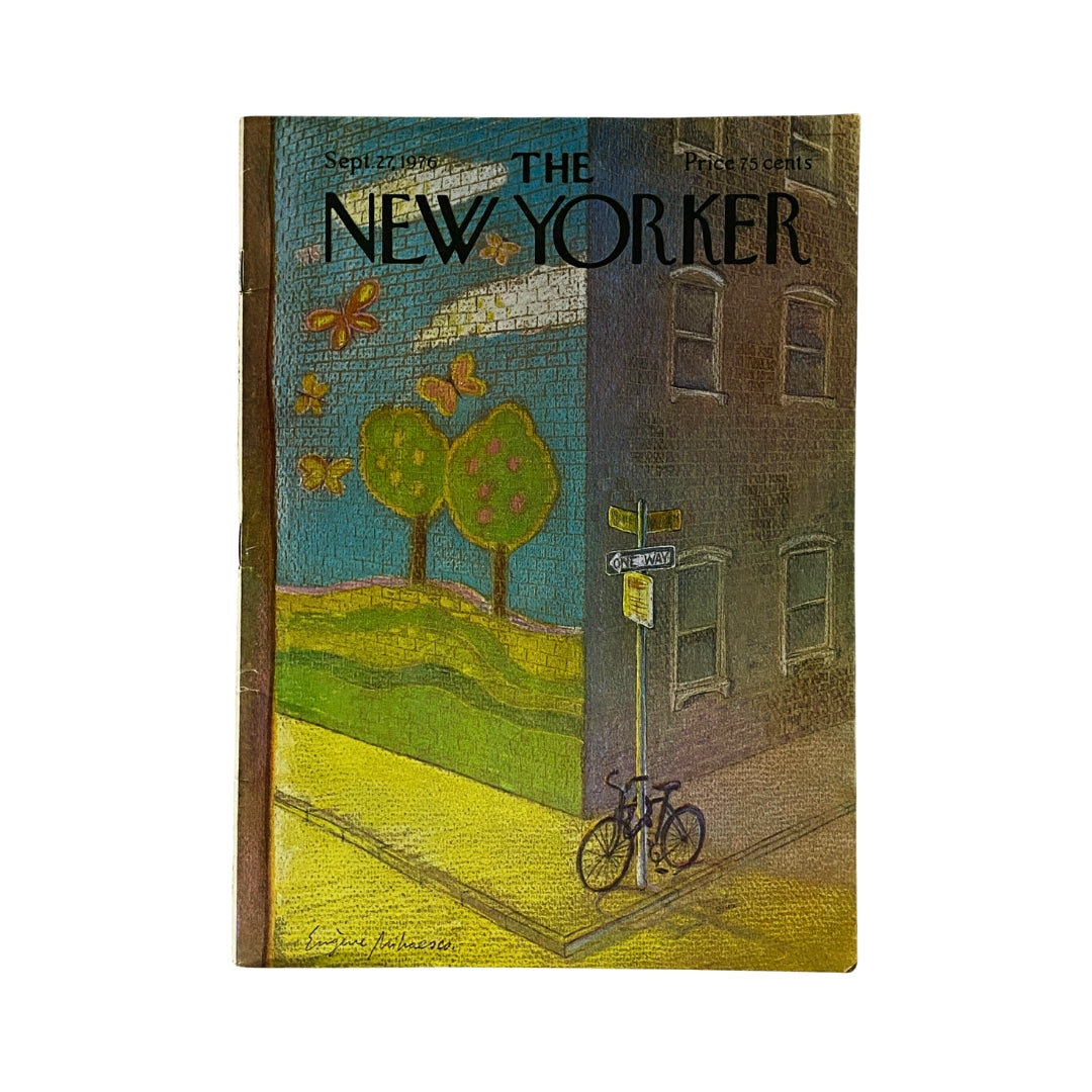 The New Yorker Complete Magazine September 27, 1976 featuring cover art by Eugene Mihaesco, showcasing a colorful illustration of trees, a street, and a bicycle.