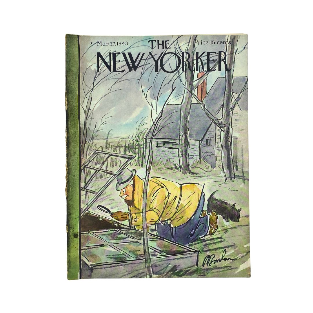 The New Yorker Complete Magazine March 27, 1943 Perry Barlow Cover featuring a man in a yellow coat examining the ground with a magnifying glass in a garden setting.