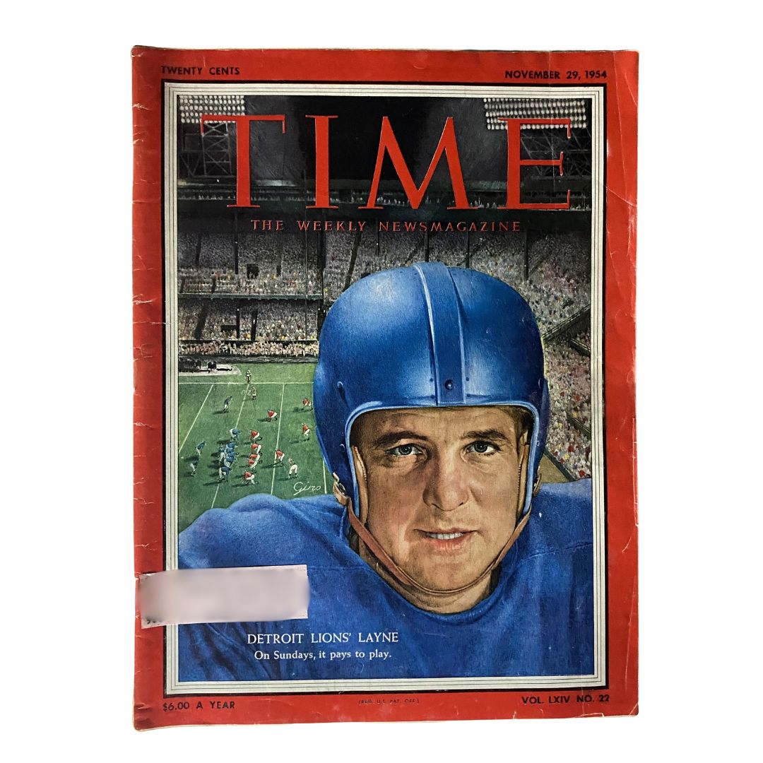 Vintage Time Magazine cover for November 29, 1954, featuring Detroit Lions' quarterback Bobby Layne.