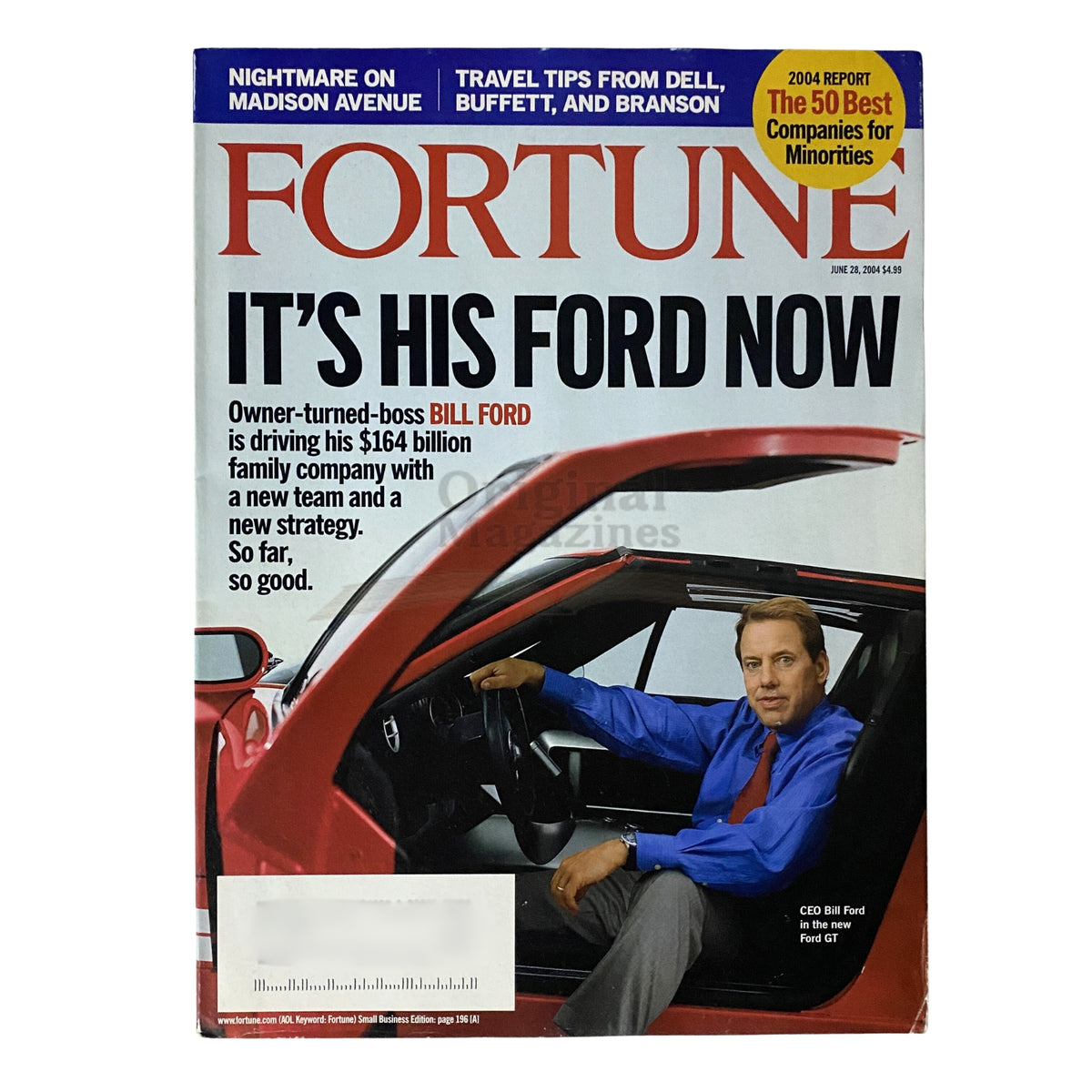 Fortune Magazine cover from June 28, 2004, featuring CEO Bill Ford with the iconic new Ford GT, highlighting his leadership and vision for the Ford Motor Company.