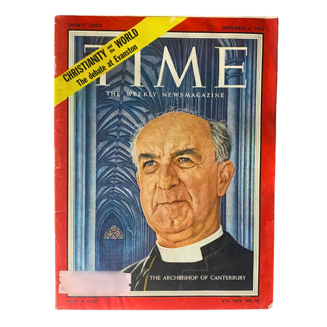 Cover of VTG Time Magazine from September 6, 1954, featuring The Archbishop of Canterbury, Volume 64, Number 10. The magazine showcases a classic design with vivid colors and historical significance.