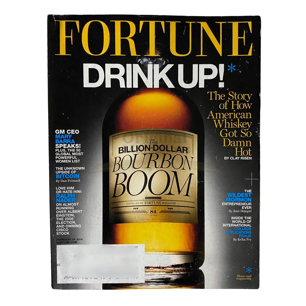 Fortune Magazine February 24, 2014 cover featuring 'The Billion-Dollar Bourbon Boom' article, highlighting the rising popularity of bourbon with an image of a bourbon bottle and engaging text.