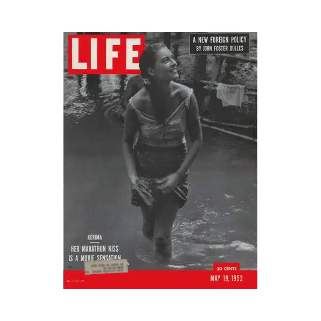 VTG Life Magazine Cover from May 19, 1952 featuring Kerima, highlighting the iconic Marathon Kiss and cultural moments from the era.