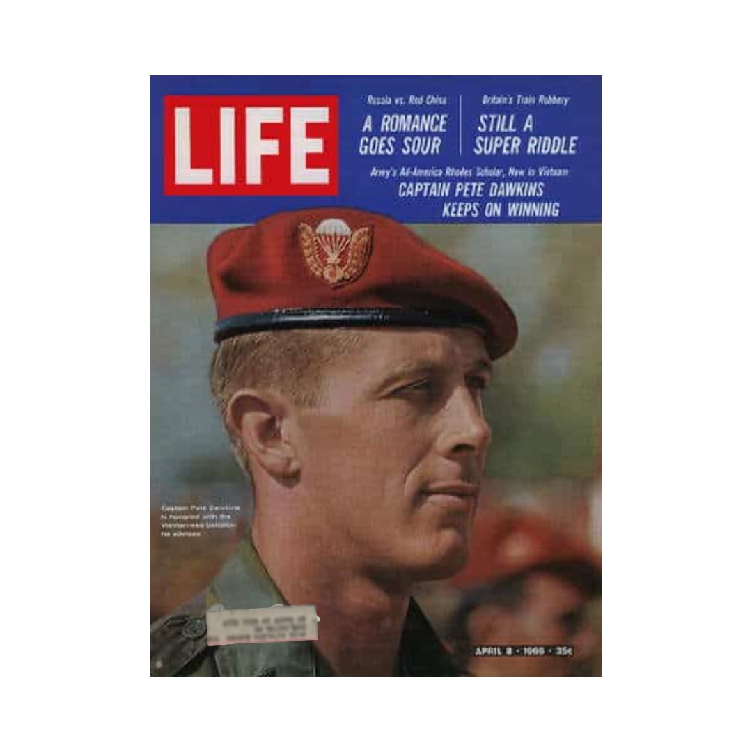 Cover of VTG Life Magazine dated April 8, 1966, featuring Rhodes Scholar Captain Pete Dawkins, who is depicted wearing a military beret. The cover highlights articles on various topics including a romance in China and insights on Captain Dawkins.