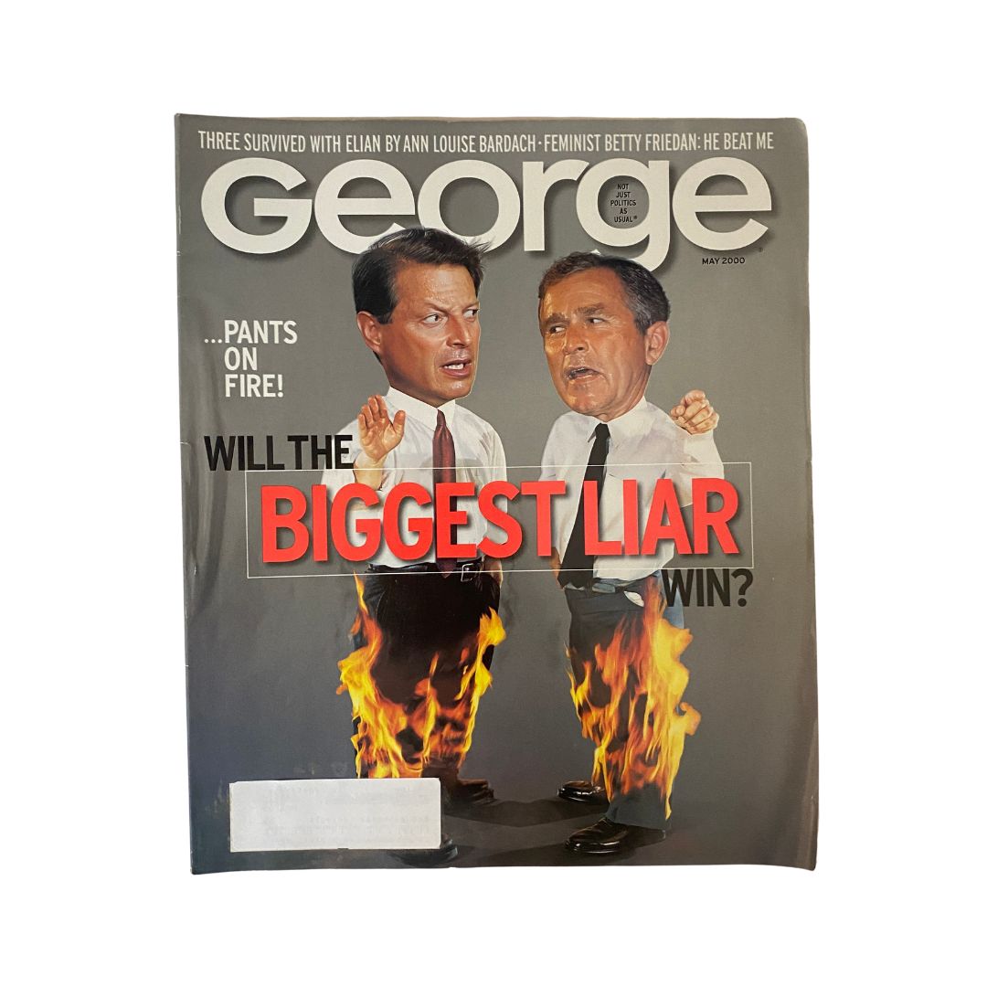 Cover of George Magazine May 2000 featuring Al Gore and George W. Bush with the headline 'Will the Biggest Liar Win?'. The cover artistically depicts the political rivalry between the two candidates, illustrating a moment in American political history.