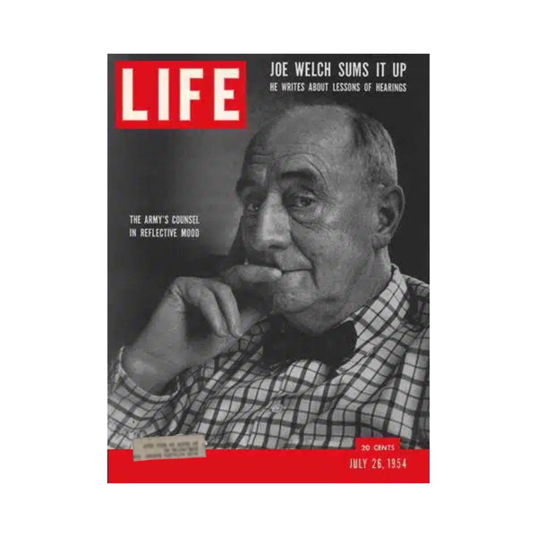 LIFE Magazine cover from July 26, 1954, featuring Army Counsel Joe Welch in reflective mood. The cover highlights his insights with the caption, 'Joe Welch Sums It Up: He writes about lessons of hearings,' showcasing history and significant socio-political themes of the time.