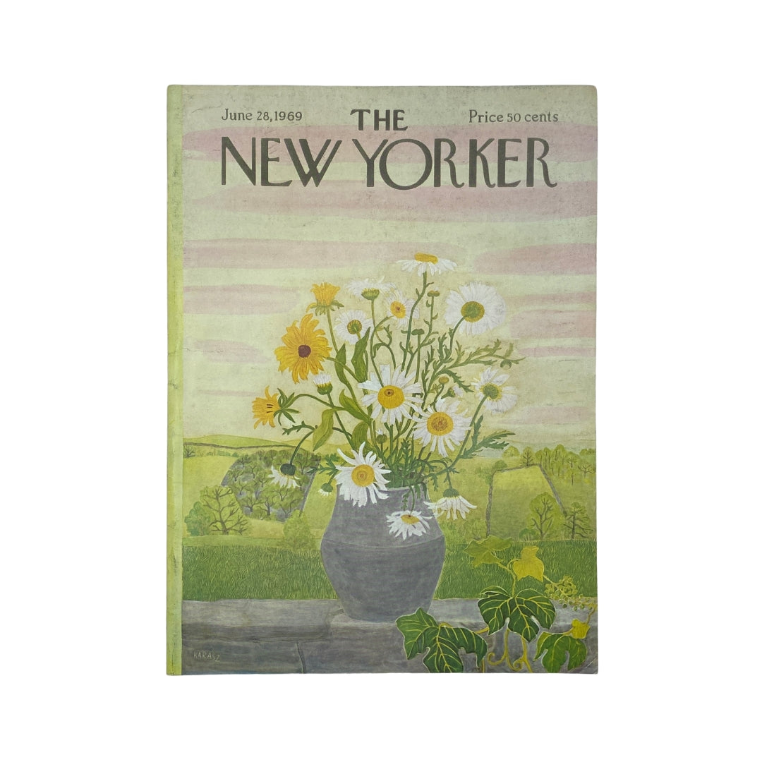 Cover of The New Yorker magazine dated June 28, 1969, featuring an Ilonka Karasz illustration with flowers in a vase, showcasing a vintage design in good condition.