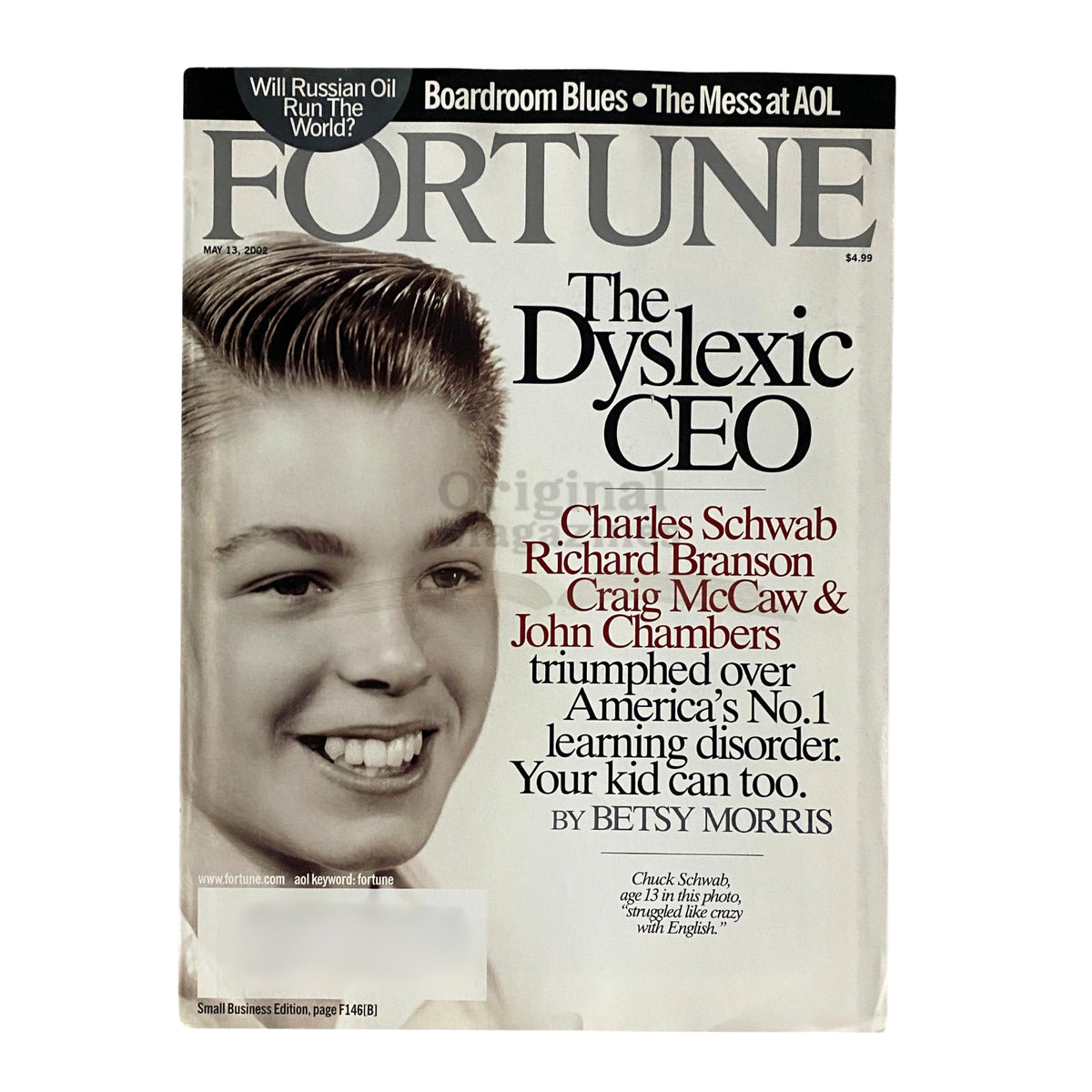 Cover of Fortune Magazine May 13, 2002 featuring Chuck Schwab, titled 'The Dyslexic CEO', notable for its focus on dyslexia in business leadership.