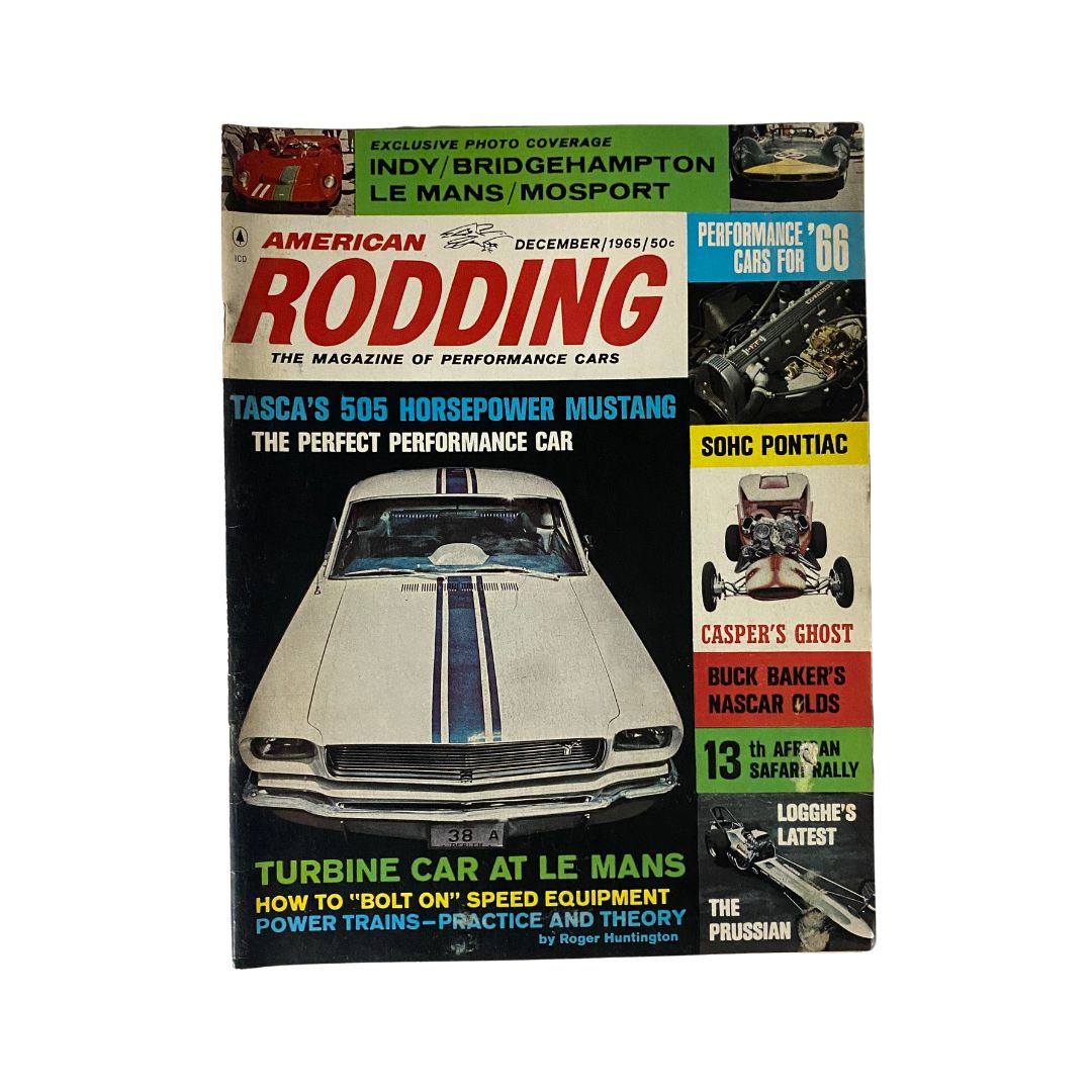 Cover of the December 1965 issue of American Rodding Magazine featuring Buck Baker's NASCAR Oldsmobile, showcasing vintage automotive culture.